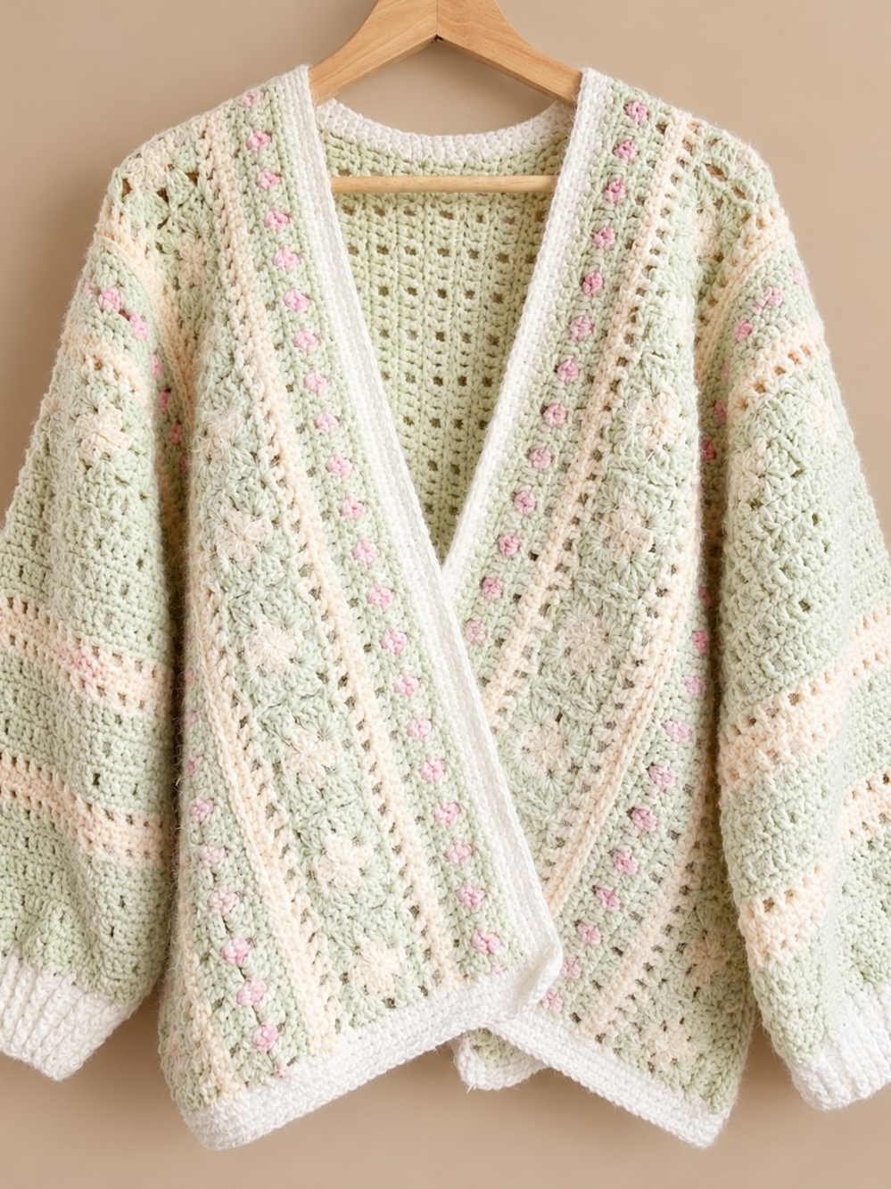 Pastel Crochet V-Neck Cardigan, Oversized Boho Sweater